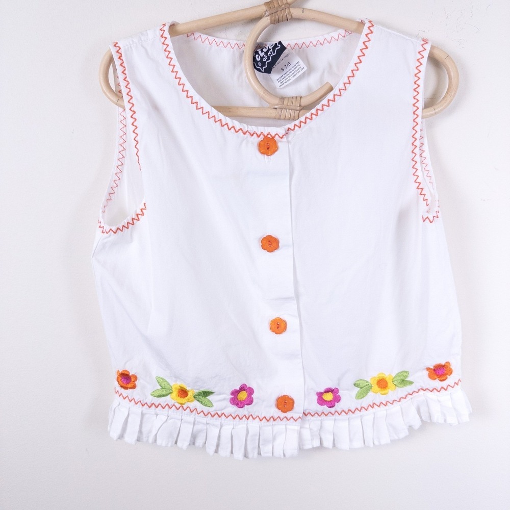 Vintage Pogo Club ofโ NY Top White Embroidered Floral Cropped 90s Kids Size 4-5